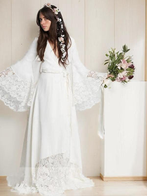 A-line V-neck Long Sleeves Sash/Ribbon/Belt Sweep Train Chiffon Wedding Dress