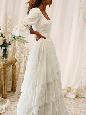 A-line Square Long Sleeves Sweep Train Lace Wedding Dress