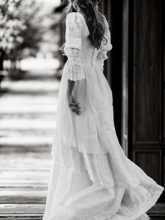 A-line Square Long Sleeves Sweep Train Lace Wedding Dress