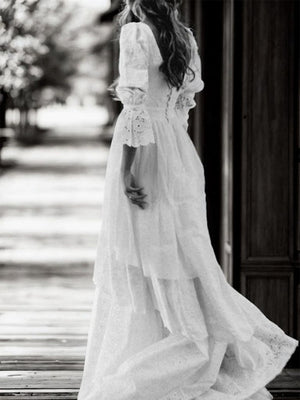 A-line Square Long Sleeves Sweep Train Lace Wedding Dress