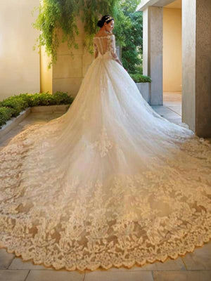 Ball-Gown Off-the-Shoulder 3/4 Sleeves Beading Cathedral Train Tulle Wedding Dress
