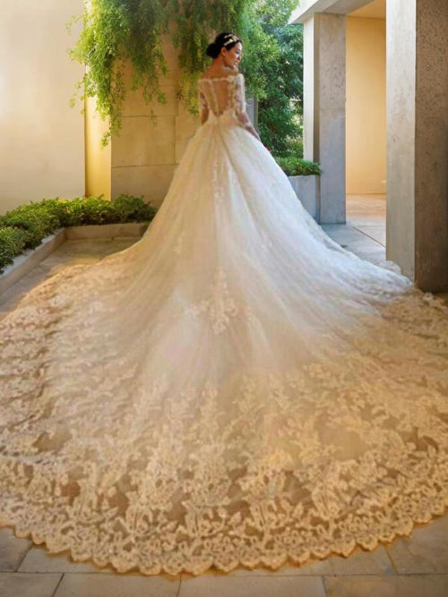 Ball-Gown Off-the-Shoulder 3/4 Sleeves Beading Cathedral Train Tulle Wedding Dress