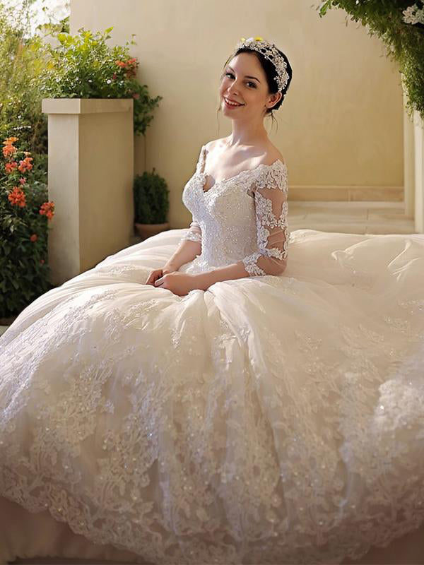 Ball-Gown Off-the-Shoulder 3/4 Sleeves Beading Cathedral Train Tulle Wedding Dress