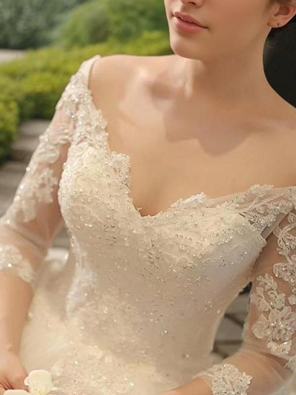 Ball-Gown Off-the-Shoulder 3/4 Sleeves Beading Cathedral Train Tulle Wedding Dress