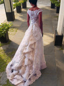 A-line Scoop Lace Sweep Train Lace Wedding Dress