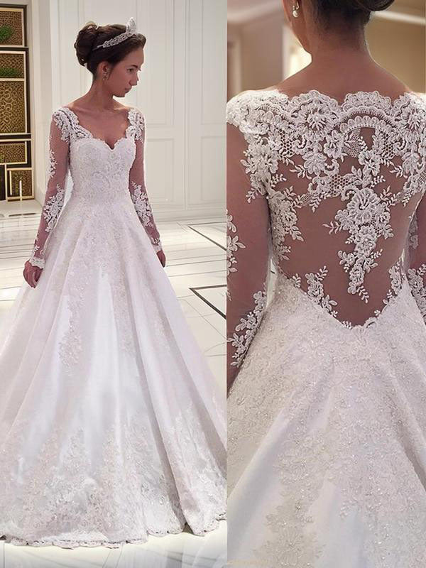 Ball-Gown V-neck Long Sleeves Lace Court Train Satin Wedding Dress