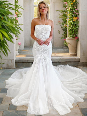 Mermaid Straight Applique Cathedral Train Tulle Wedding Dress