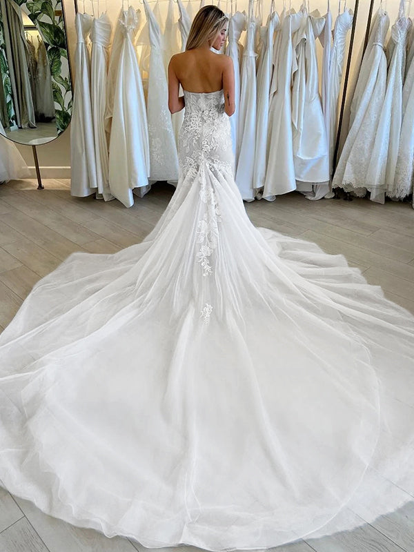 Mermaid Straight Applique Cathedral Train Tulle Wedding Dress