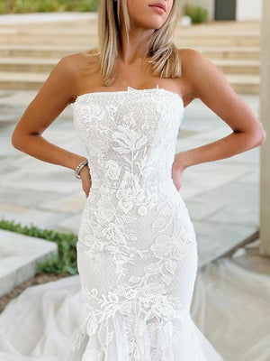 Mermaid Straight Applique Cathedral Train Tulle Wedding Dress