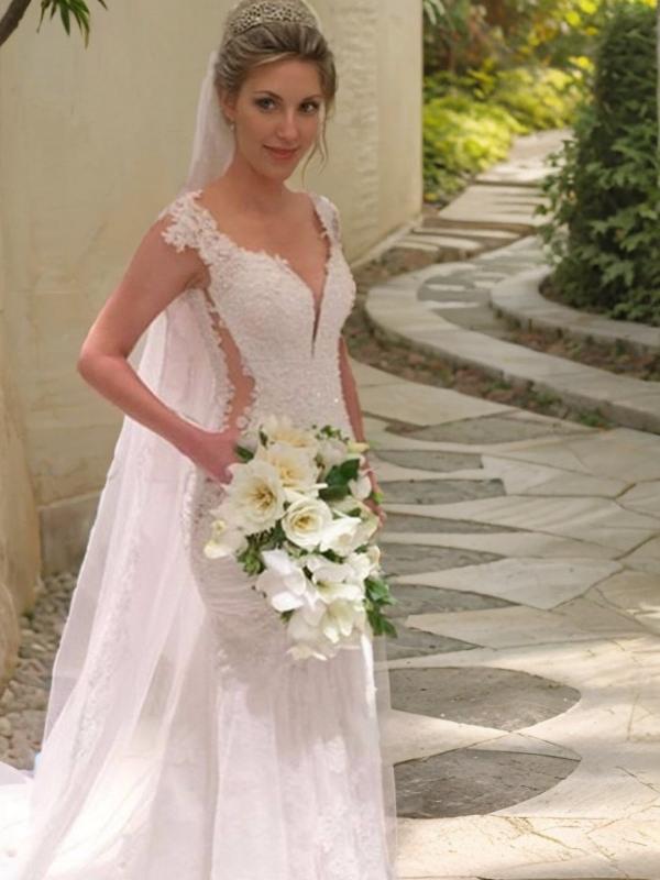 Mermaid V-neck Lace Sweep Train Lace Wedding Dress
