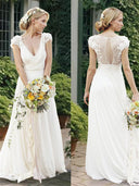 A-line V-neck Short Sleeves Ruched Sweep Train Chiffon Wedding Dress