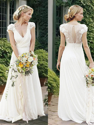 A-line V-neck Short Sleeves Ruched Sweep Train Chiffon Wedding Dress