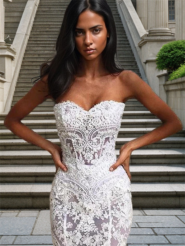 Mermaid Sweetheart Applique Court Train Lace Wedding Dress