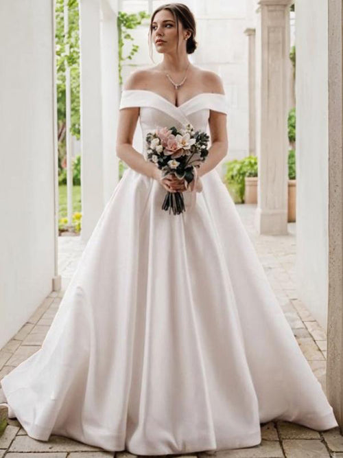 A-line Off-the-Shoulder Ruffles Sweep Train Satin Wedding Dress