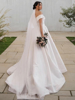 A-line Off-the-Shoulder Ruffles Sweep Train Satin Wedding Dress