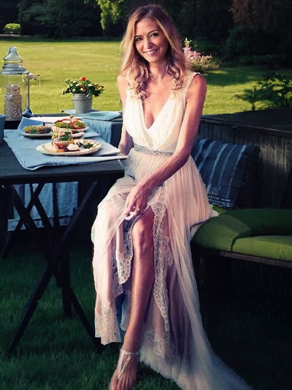 A-line V-neck Beading Sweep Train Chiffon Wedding Dress