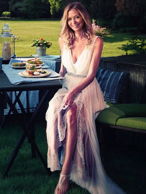 A-line V-neck Beading Sweep Train Chiffon Wedding Dress