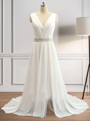 A-line V-neck Beading Sweep Train Chiffon Wedding Dress