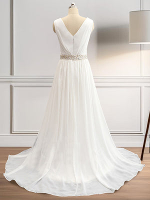 A-line V-neck Beading Sweep Train Chiffon Wedding Dress