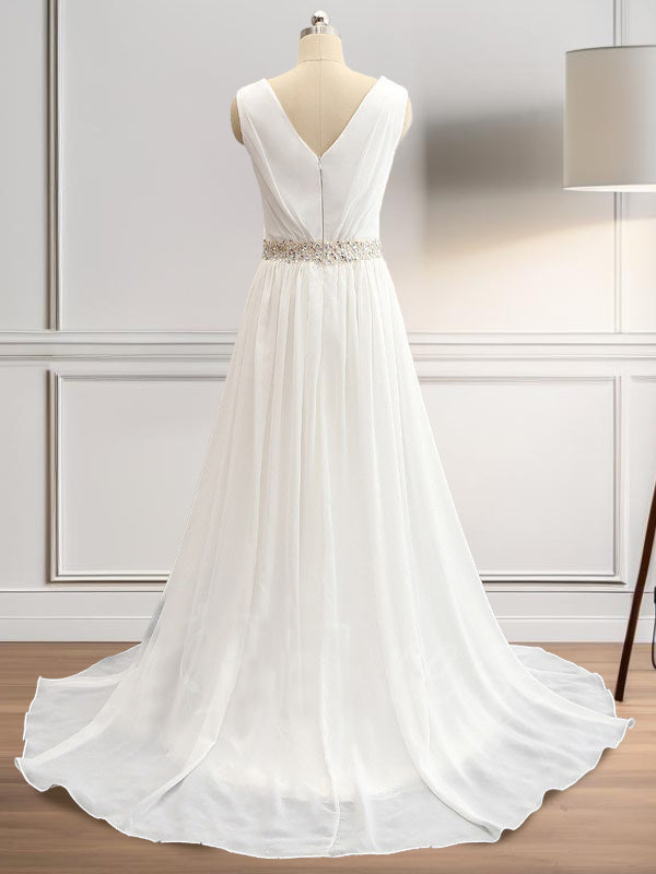 A-line V-neck Beading Sweep Train Chiffon Wedding Dress