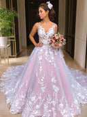 Ball-Gown V-neck Applique Chapel Train Lace Wedding Dress