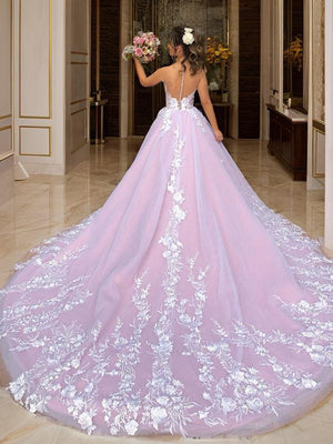 Ball-Gown V-neck Applique Chapel Train Lace Wedding Dress