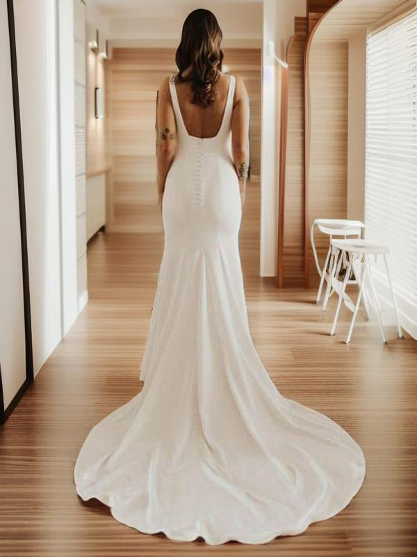 Sheath Straps Ruffles Sweep Train Stretch Crepe Wedding Dress