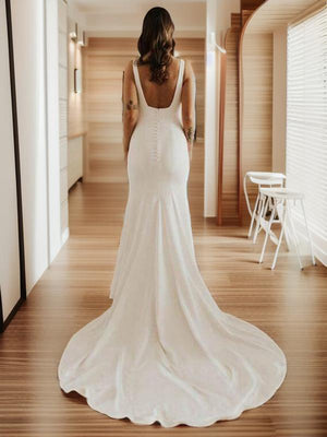 Sheath Straps Ruffles Sweep Train Stretch Crepe Wedding Dress