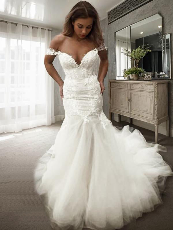 Mermaid Off-the-Shoulder Applique Sweep Train Tulle Wedding Dress