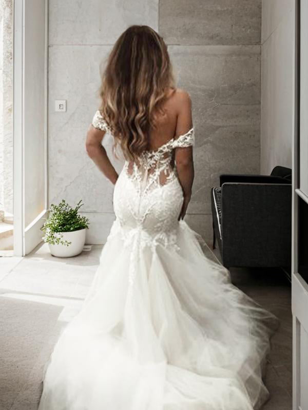 Mermaid Off-the-Shoulder Applique Sweep Train Tulle Wedding Dress