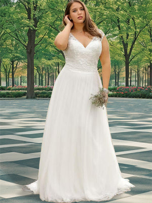 A-line V-neck Short Sleeves Applique Sweep Train Tulle Wedding Dress