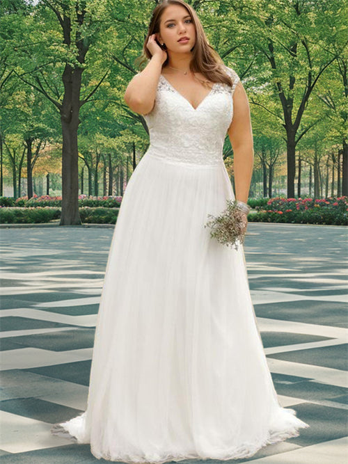 A-line V-neck Short Sleeves Applique Sweep Train Tulle Wedding Dress