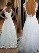 A-line V-neck Lace Sweep Train Tulle Wedding Dress