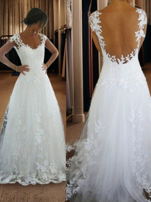 A-line V-neck Lace Sweep Train Tulle Wedding Dress