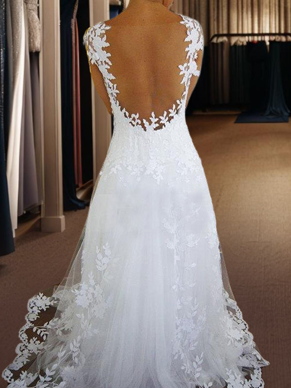 A-line V-neck Lace Sweep Train Tulle Wedding Dress
