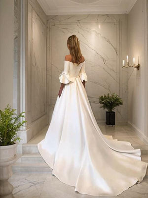 A-line Off-the-Shoulder 3/4 Sleeves Ruffles Court Train Charmeuse Wedding Dress