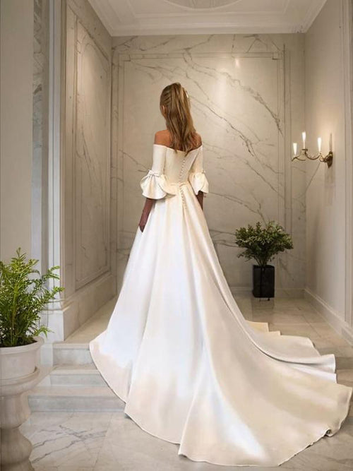 A-line Off-the-Shoulder 3/4 Sleeves Ruffles Court Train Charmeuse Wedding Dress