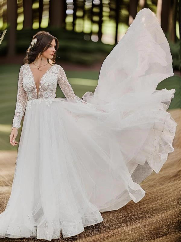 A-line Scoop Long Sleeves Applique Cathedral Train Tulle Wedding Dress