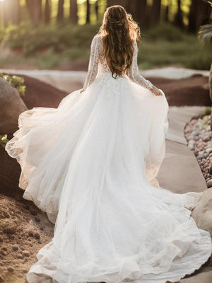 A-line Scoop Long Sleeves Applique Cathedral Train Tulle Wedding Dress