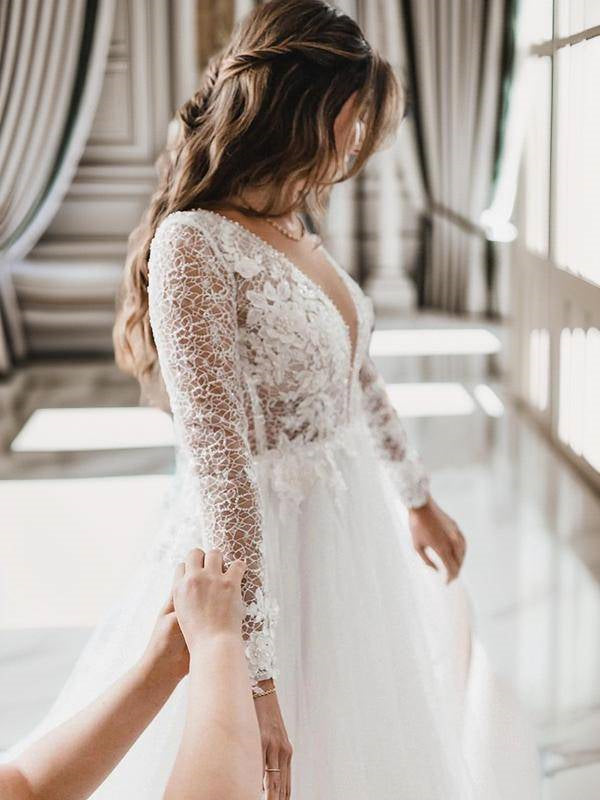 A-line Scoop Long Sleeves Applique Cathedral Train Tulle Wedding Dress