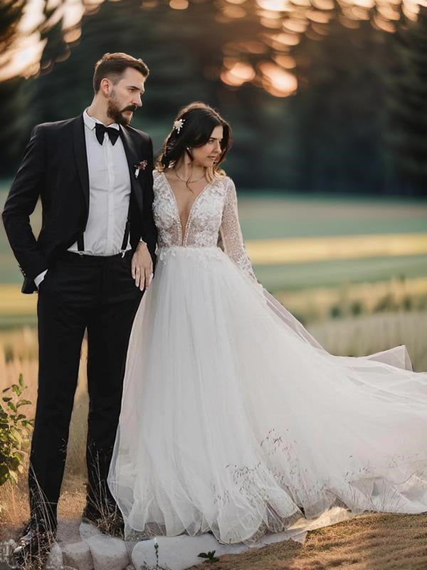 A-line Scoop Long Sleeves Applique Cathedral Train Tulle Wedding Dress