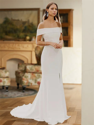 Sheath Off-the-Shoulder Sweep Train Stretch Crepe Wedding Dress