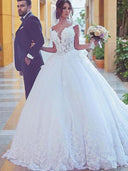 Ball-Gown Sweetheart Lace Sweep Train Tulle Wedding Dress