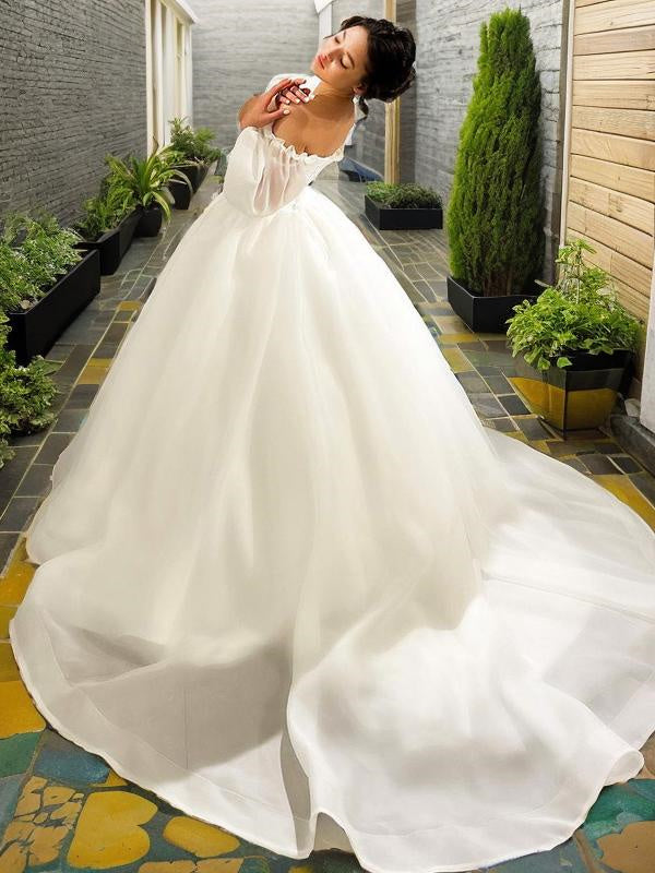 Ball-Gown Sweetheart 3/4 Sleeves Ruched Court Train Organza Wedding Dress
