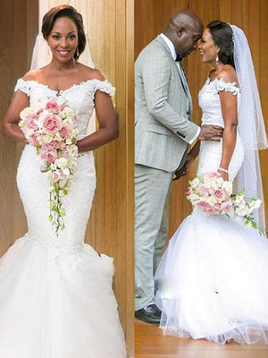 Mermaid Off-the-Shoulder Applique Sweep Train Tulle Wedding Dress