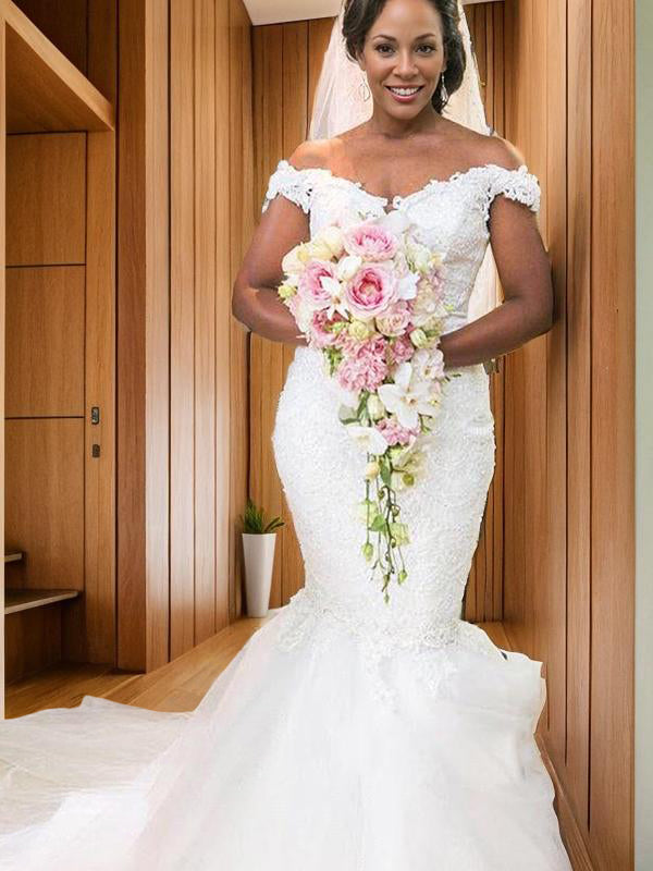 Mermaid Off-the-Shoulder Applique Sweep Train Tulle Wedding Dress