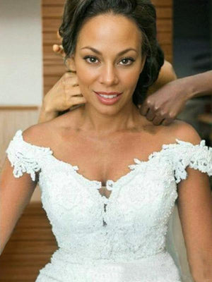Mermaid Off-the-Shoulder Applique Sweep Train Tulle Wedding Dress