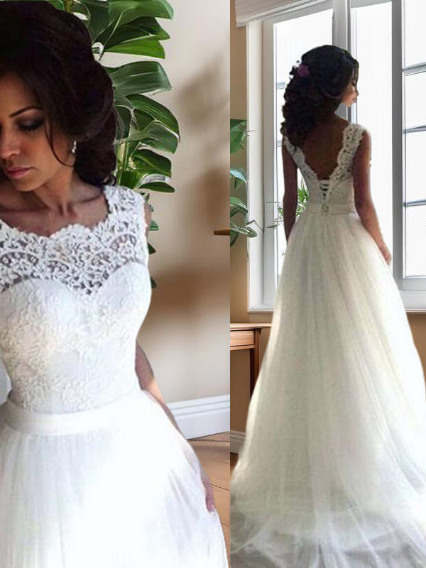A-line Bateau Sash/Ribbon/Belt Sweep Train Tulle Wedding Dress