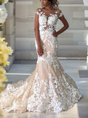 Mermaid Bateau Short Sleeves Applique Sweep Train Tulle Wedding Dress