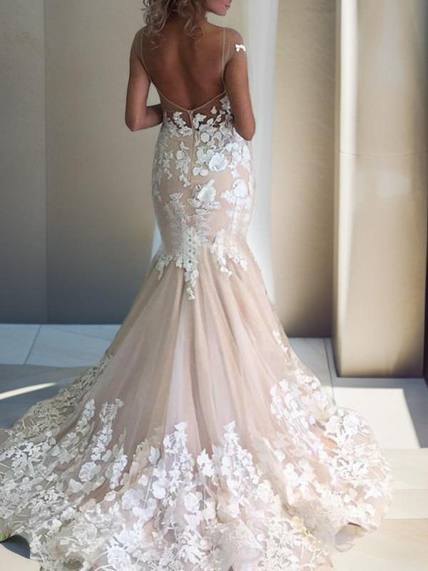 Mermaid Bateau Short Sleeves Applique Sweep Train Tulle Wedding Dress